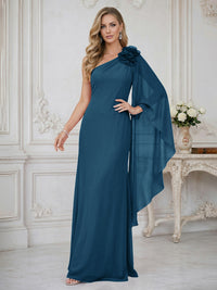 Sheath One Shoulder Floor Length Ruffled Mother of the Bride Dresses with Flower