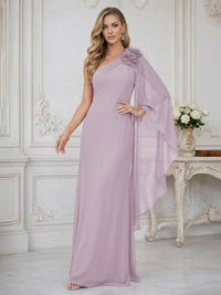 Sheath One Shoulder Floor Length Ruffled Mother of the Bride Dresses with Flower