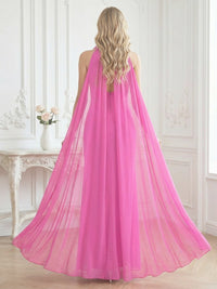 Halter Sheath Sleeveless Long Ruched Mother of the Bride Dresses with Flower & Cape