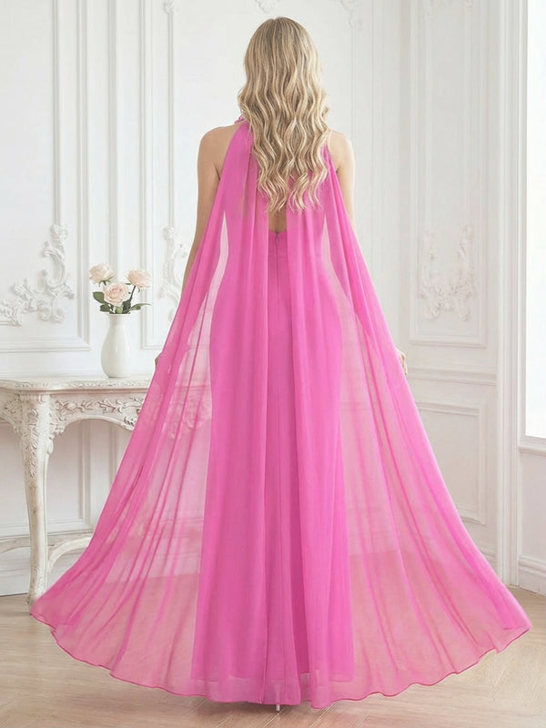 Halter Sheath Sleeveless Long Ruched Mother of the Bride Dresses with Flower & Cape