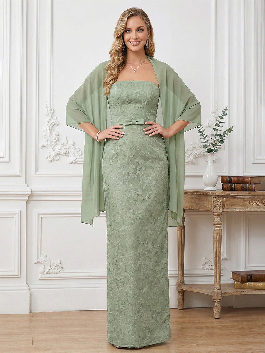 Sheath Strapless Long Jacquard Mother of the Bride Dresses with Bow & Cape