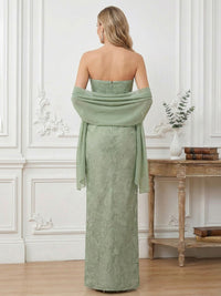 Sheath Strapless Long Jacquard Mother of the Bride Dresses with Bow & Cape