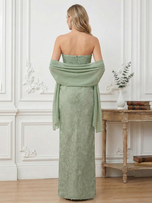 Sheath Strapless Long Jacquard Mother of the Bride Dresses with Bow & Cape