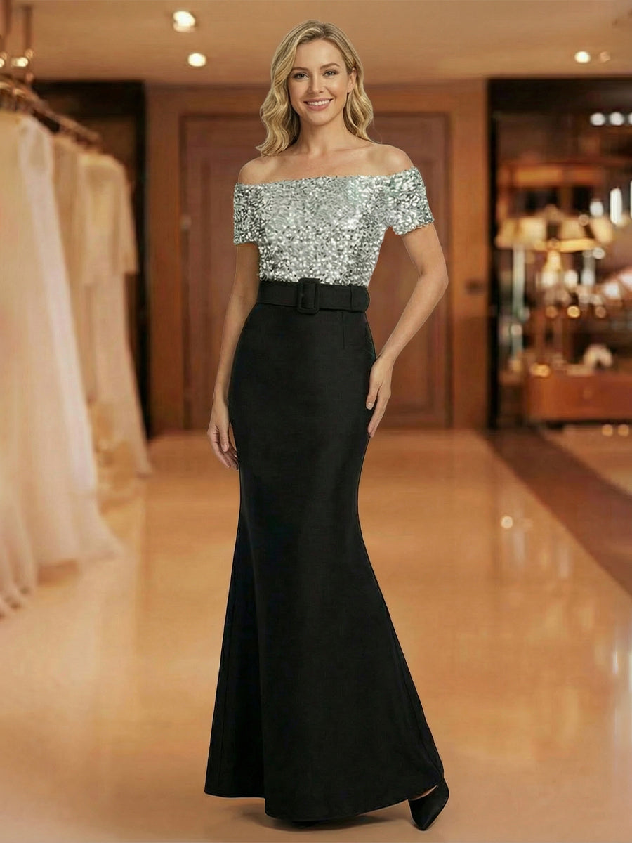 Mermaid Off Shoulder Short Sleeve Long Mixed Mother of the Bride Dresses with Belt