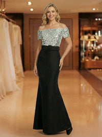 Mermaid Off Shoulder Short Sleeve Long Mixed Mother of the Bride Dresses with Belt