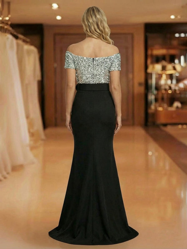 Mermaid Off Shoulder Short Sleeve Long Mixed Mother of the Bride Dresses with Belt