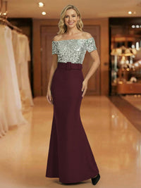 Mermaid Off Shoulder Short Sleeve Long Mixed Mother of the Bride Dresses with Belt