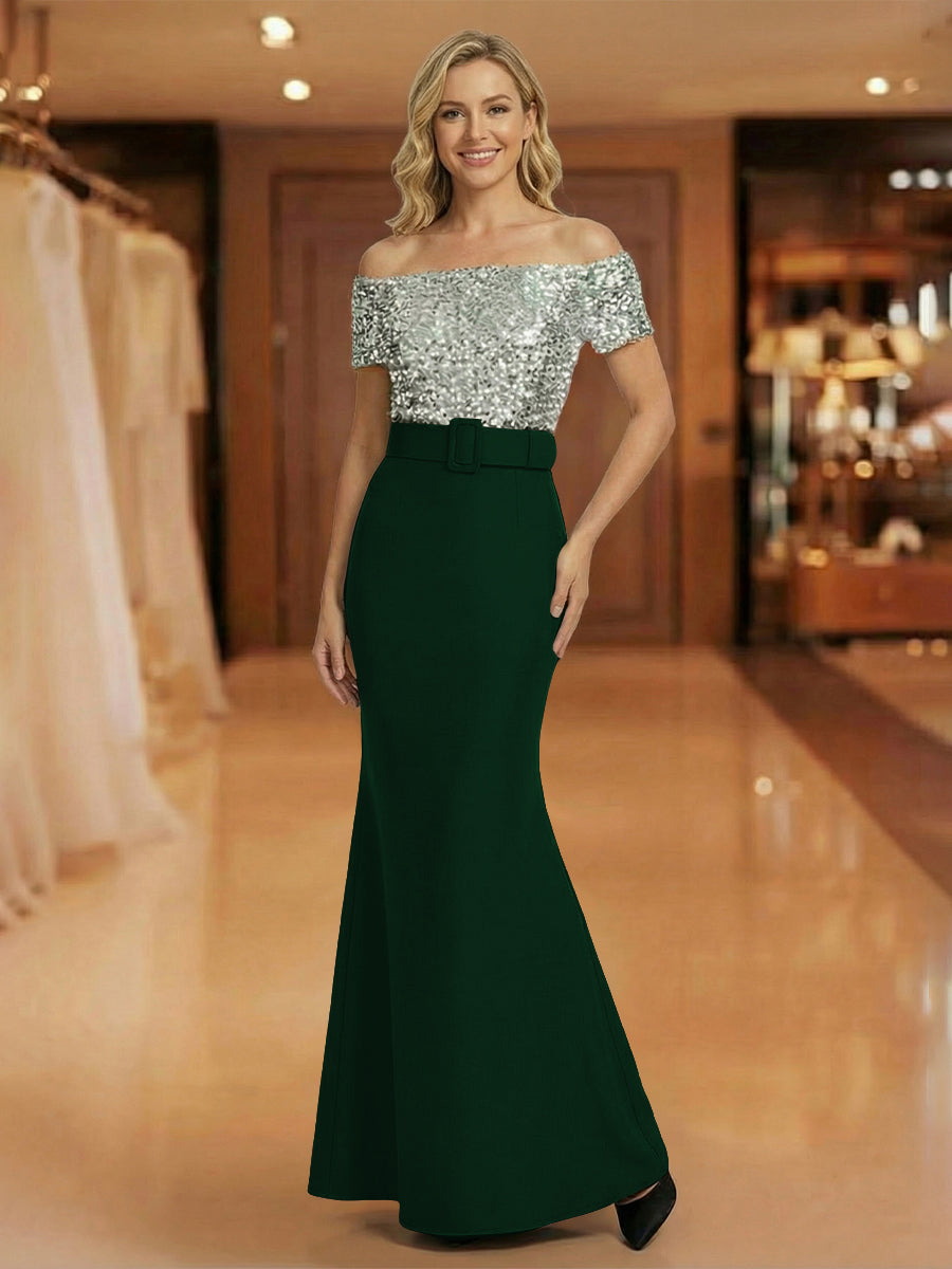 Mermaid Off Shoulder Short Sleeve Long Mixed Mother of the Bride Dresses with Belt