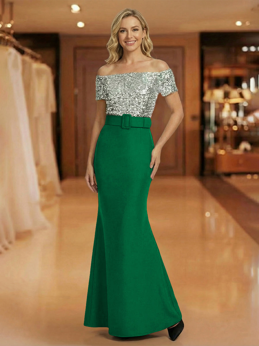 Mermaid Off Shoulder Short Sleeve Long Mixed Mother of the Bride Dresses with Belt