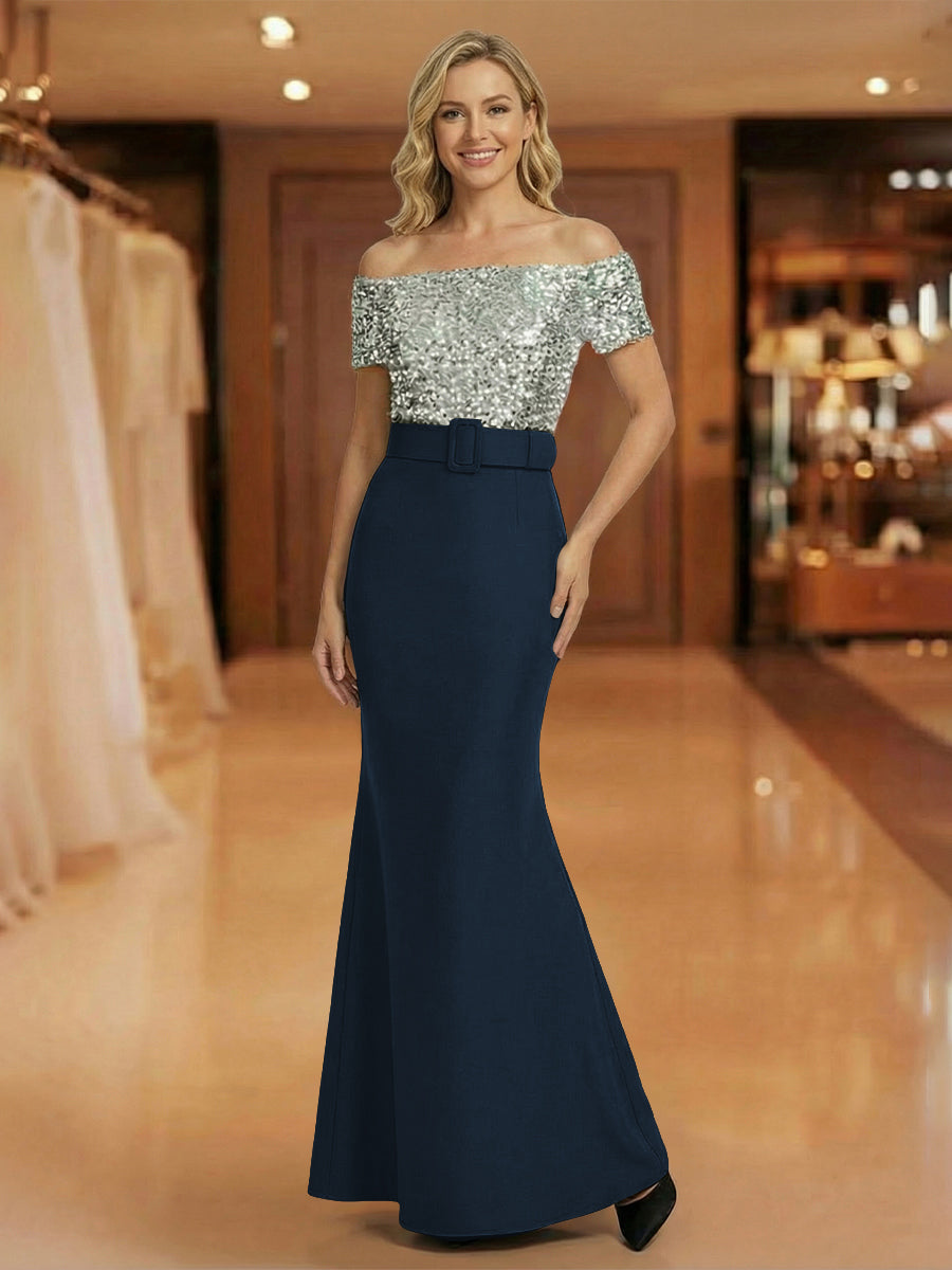 Mermaid Off Shoulder Short Sleeve Long Mixed Mother of the Bride Dresses with Belt