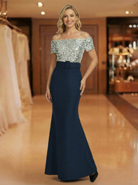 Mermaid Off Shoulder Short Sleeve Long Mixed Mother of the Bride Dresses with Belt