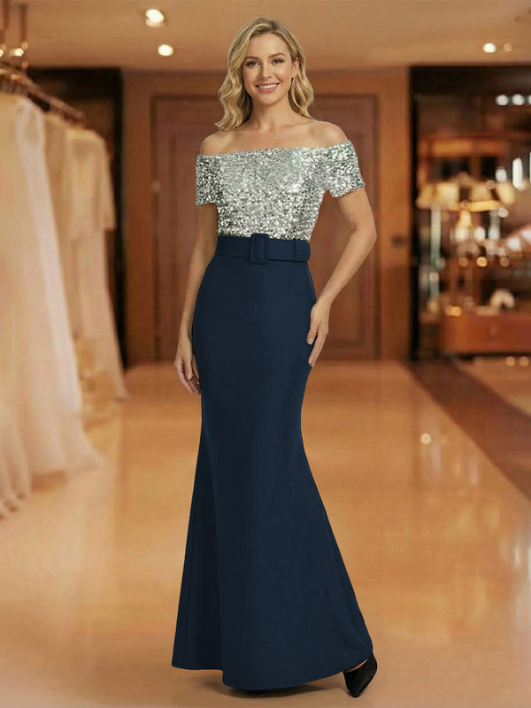 Mermaid Off Shoulder Short Sleeve Long Mixed Mother of the Bride Dresses with Belt