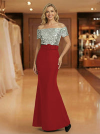 Mermaid Off Shoulder Short Sleeve Long Mixed Mother of the Bride Dresses with Belt