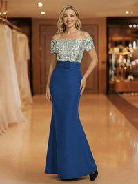 Mermaid Off Shoulder Short Sleeve Long Mixed Mother of the Bride Dresses with Belt