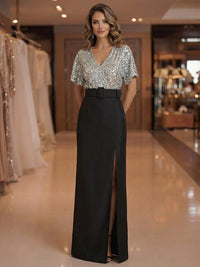 Sheath V Neck Short Sleeve Floor Length Mixed Mother of the Bride Dresses with Slit Side