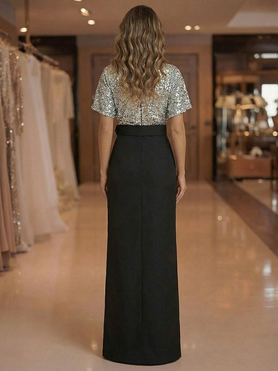 Sheath V Neck Short Sleeve Floor Length Mixed Mother of the Bride Dresses with Slit Side