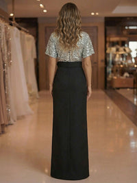 Sheath V Neck Short Sleeve Floor Length Mixed Mother of the Bride Dresses with Slit Side