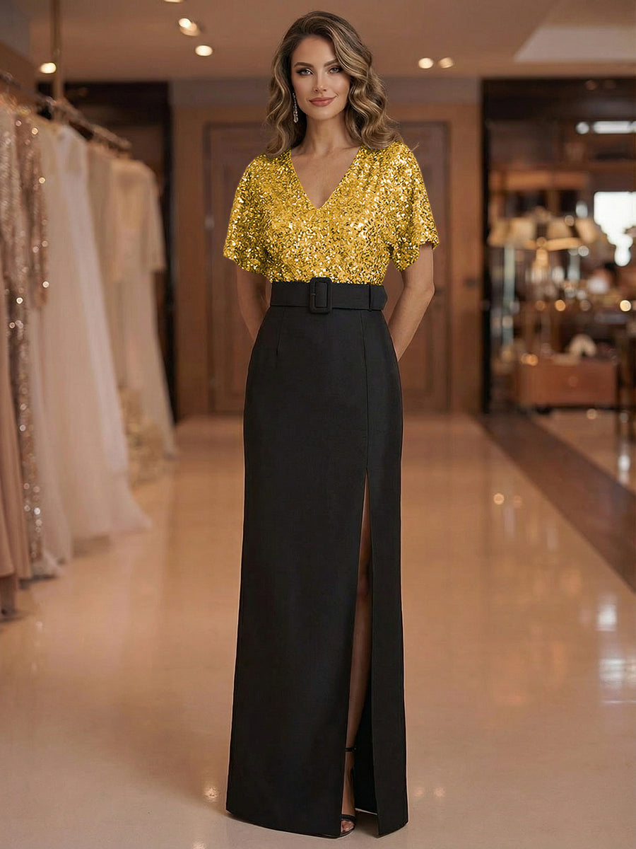 Sheath V Neck Short Sleeve Floor Length Mixed Mother of the Bride Dresses with Slit Side