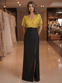 Sheath V Neck Short Sleeve Floor Length Mixed Mother of the Bride Dresses with Slit Side