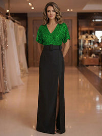 Sheath V Neck Short Sleeve Floor Length Mixed Mother of the Bride Dresses with Slit Side