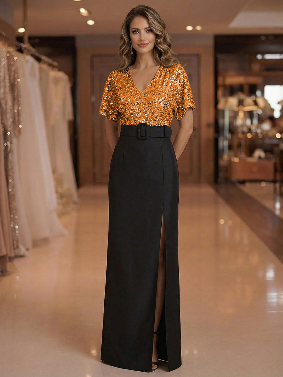 Sheath V Neck Short Sleeve Floor Length Mixed Mother of the Bride Dresses with Slit Side
