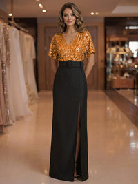 Sheath V Neck Short Sleeve Floor Length Mixed Mother of the Bride Dresses with Slit Side