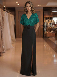 Sheath V Neck Short Sleeve Floor Length Mixed Mother of the Bride Dresses with Slit Side