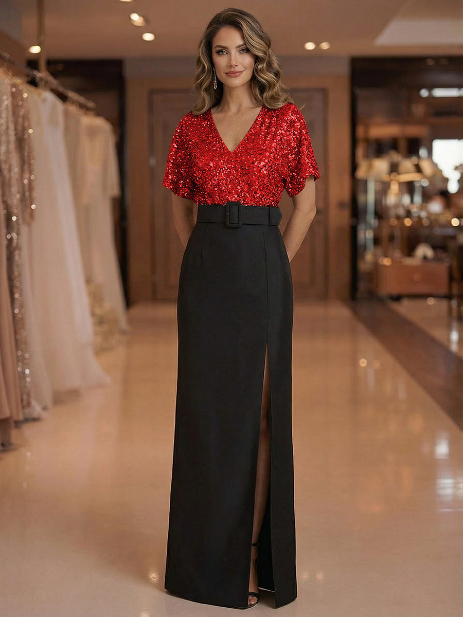 Sheath V Neck Short Sleeve Floor Length Mixed Mother of the Bride Dresses with Slit Side