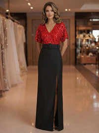 Sheath V Neck Short Sleeve Floor Length Mixed Mother of the Bride Dresses with Slit Side
