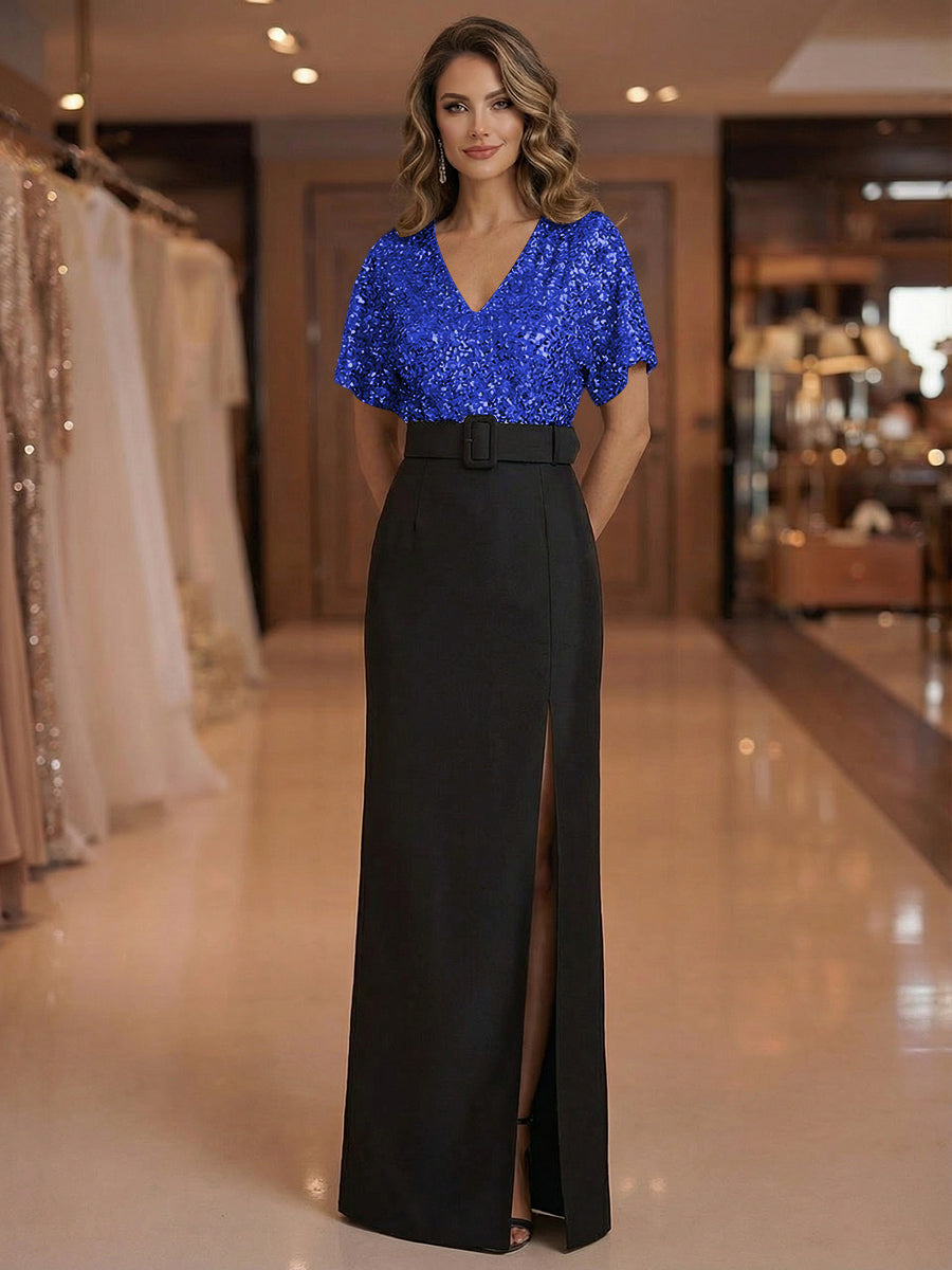 Sheath V Neck Short Sleeve Floor Length Mixed Mother of the Bride Dresses with Slit Side