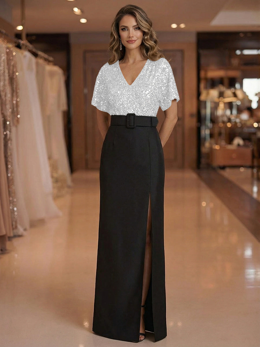 Sheath V Neck Short Sleeve Floor Length Mixed Mother of the Bride Dresses with Slit Side