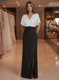 Sheath V Neck Short Sleeve Floor Length Mixed Mother of the Bride Dresses with Slit Side