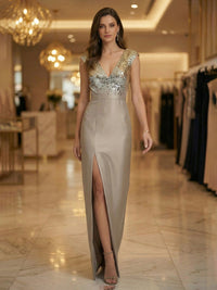 Sheath V Neck Sleeveless Floor Length Mother of the Bride Dresses with High Split Side