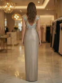 Sheath V Neck Sleeveless Floor Length Mother of the Bride Dresses with High Split Side