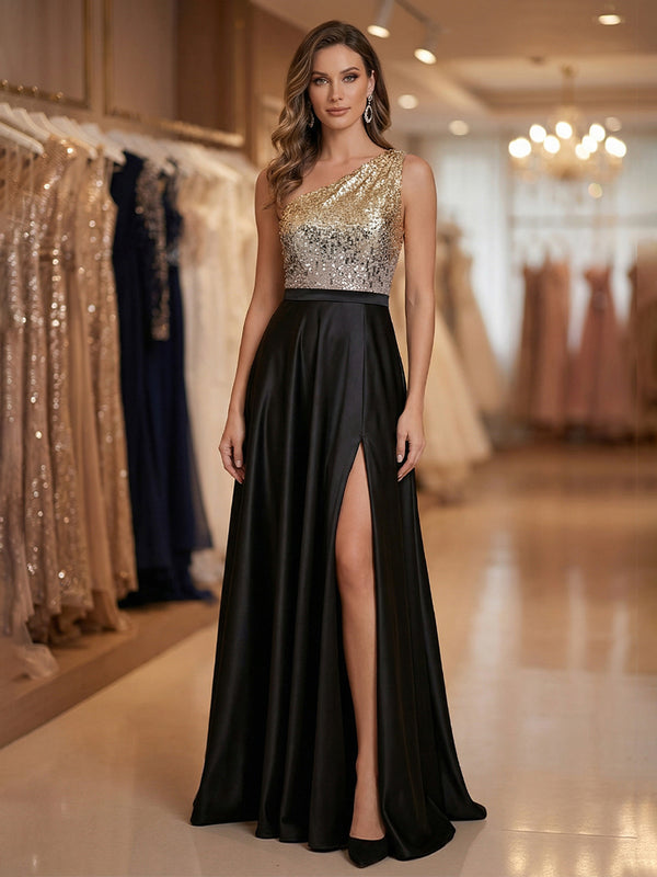 A Line/Princess One Shoulder Sequined Long Mixed Mother of the Bride Dresses with High Split