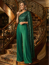 Pantsuit One Shoulder Sequin Mother of the Bride Dresses with Drape
