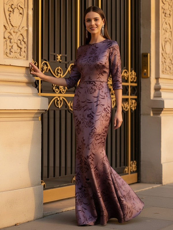 Mermaid Satin Floral Print 3/4 Sleeve Mother of the Bride Dresses