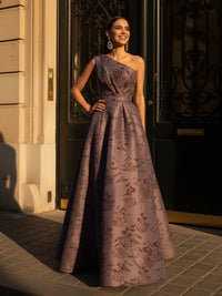 A-Line Satin Floral Print One Shoulder Mother of the Bride Dresses Floor-Length Ball Gown