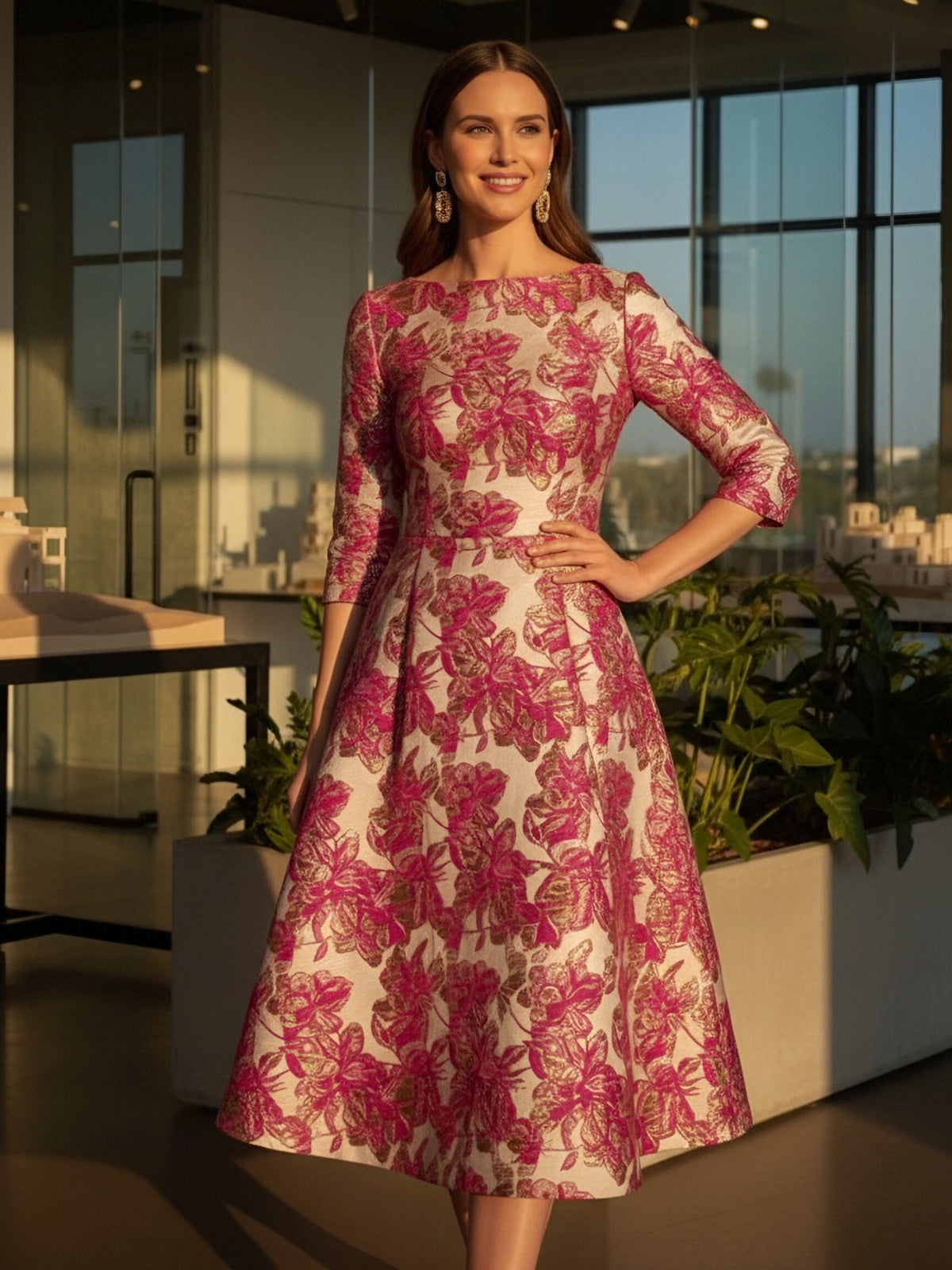 A-Line Jacquard 3/4 Sleeve Knee-Length Mother of the Bride Dresses