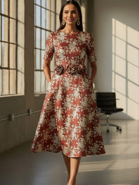 A-Line Jacquard 3/4 Sleeve Knee-Length Mother of the Bride Dresses with Flowers