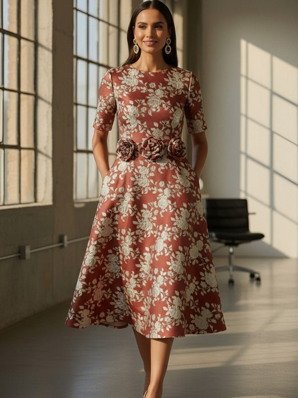 A-Line Jacquard 3/4 Sleeve Knee-Length Mother of the Bride Dresses with Flowers