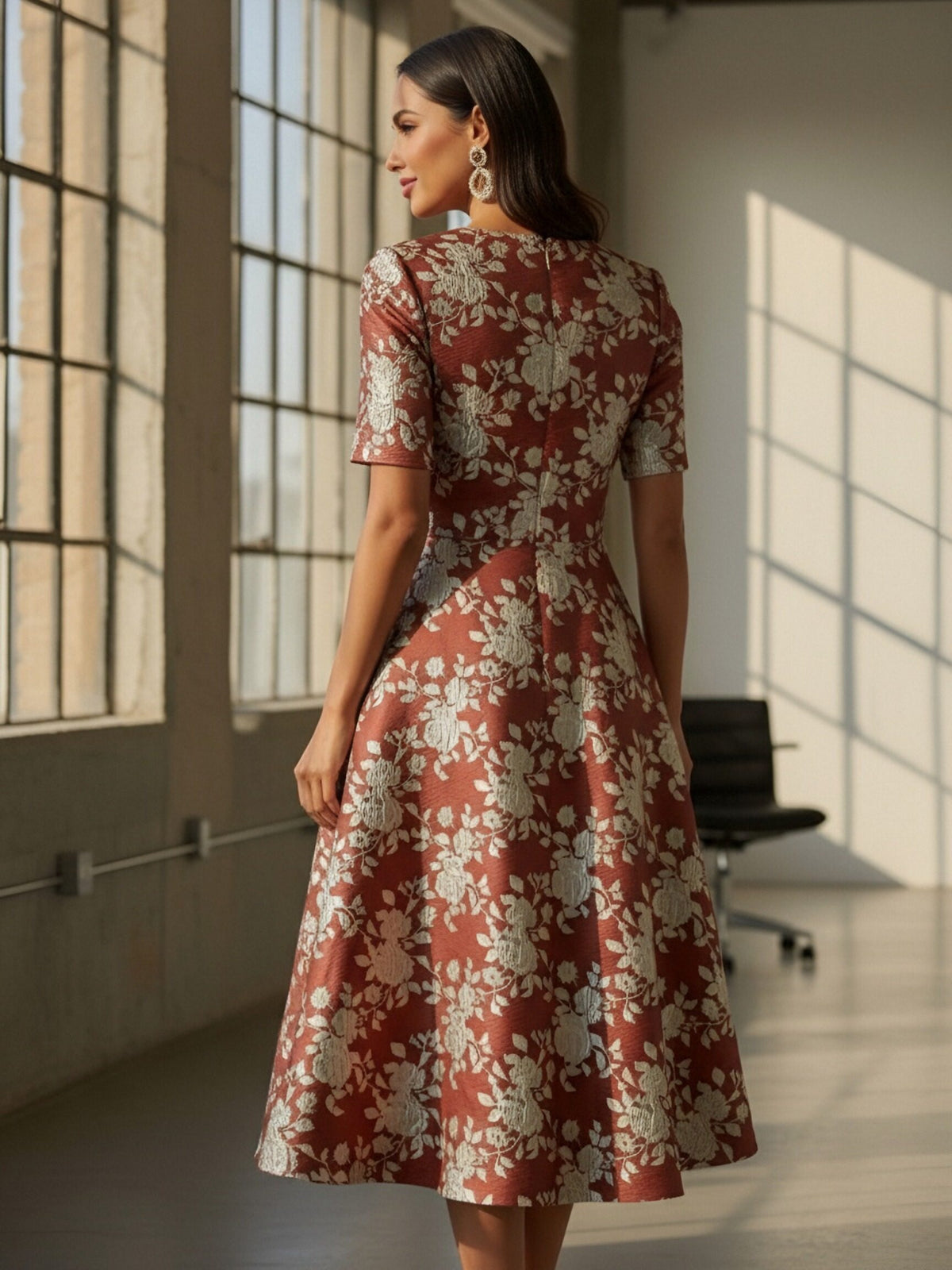 A-Line Jacquard 3/4 Sleeve Knee-Length Mother of the Bride Dresses with Flowers