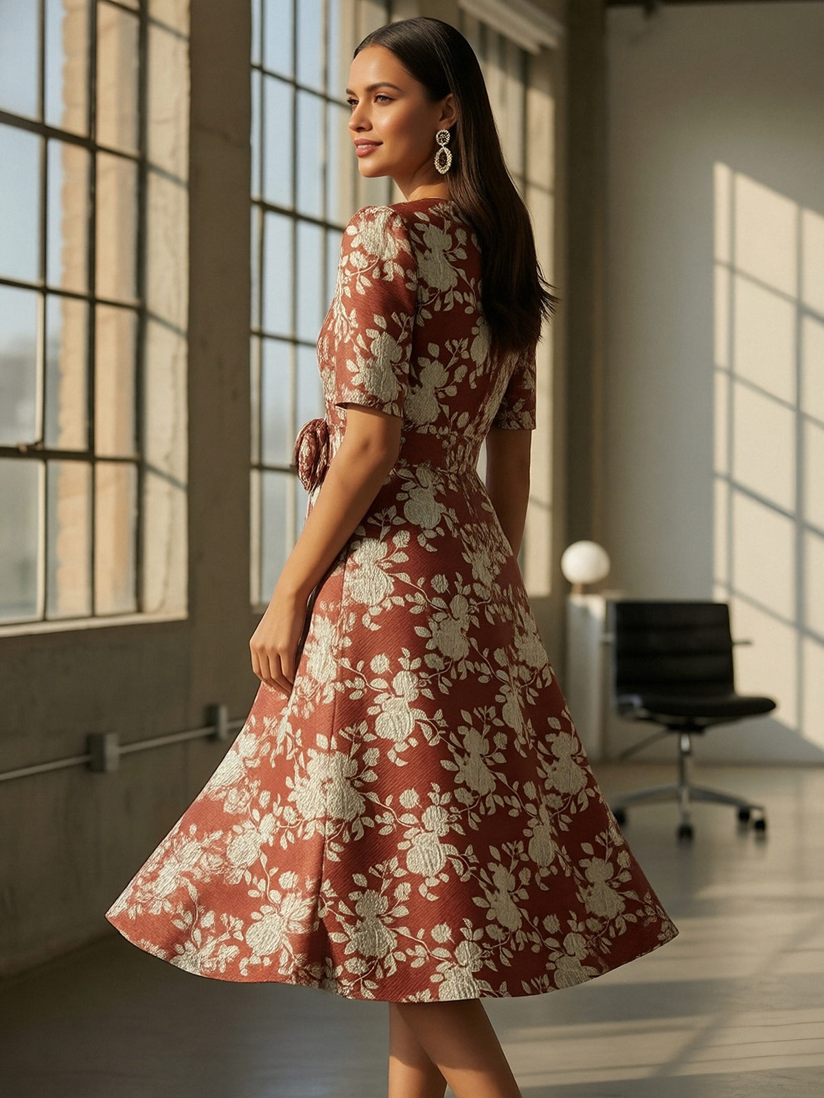 A-Line Jacquard 3/4 Sleeve Knee-Length Mother of the Bride Dresses with Flowers