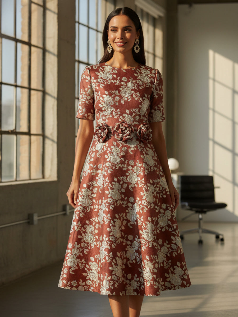 A-Line Jacquard 3/4 Sleeve Knee-Length Mother of the Bride Dresses with Flowers