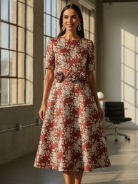 A-Line Jacquard 3/4 Sleeve Knee-Length Mother of the Bride Dresses with Flowers