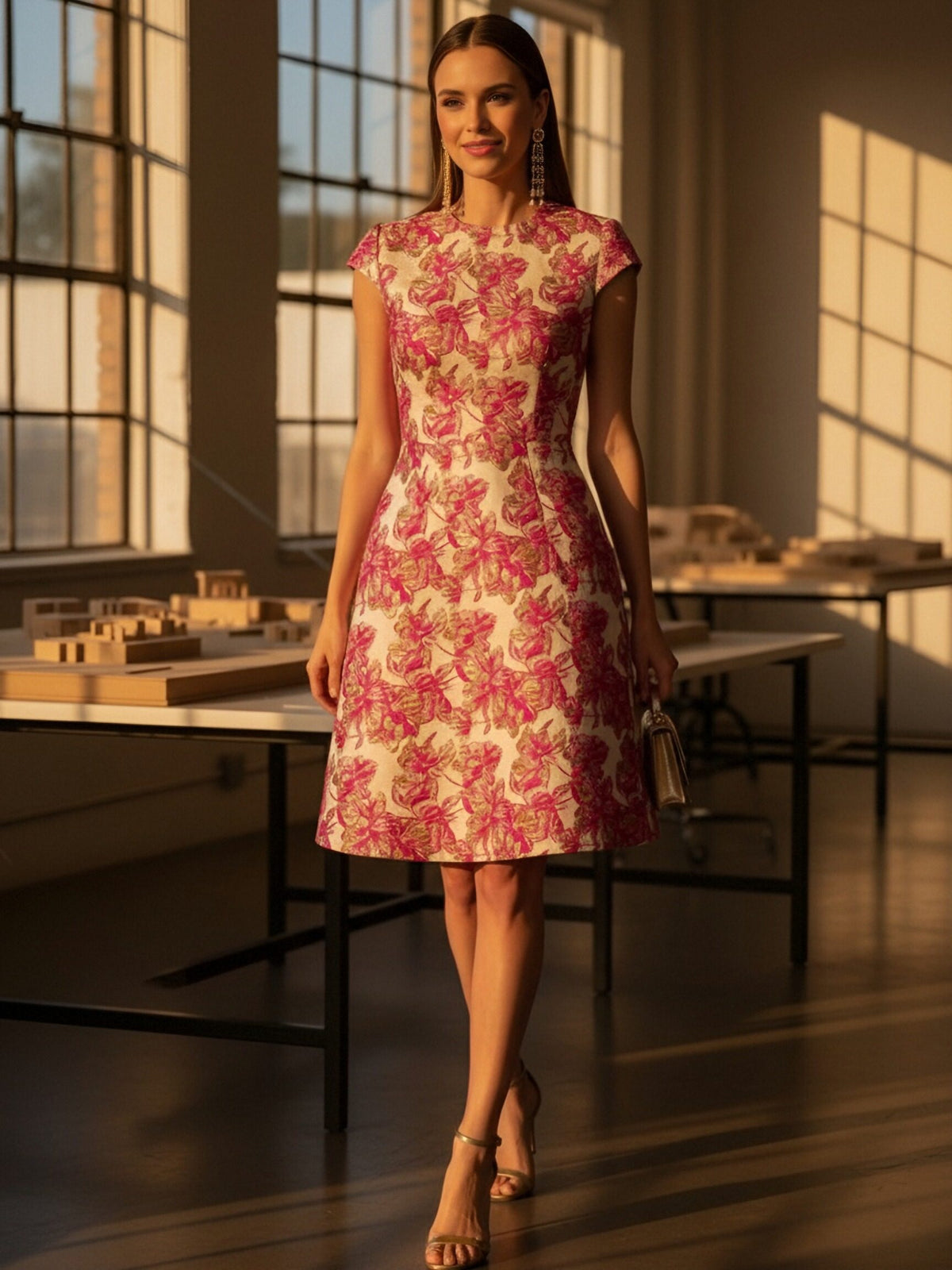 A-Line Jacquard Short Cap Sleeve Knee-Length Mother of the Bride Dresses