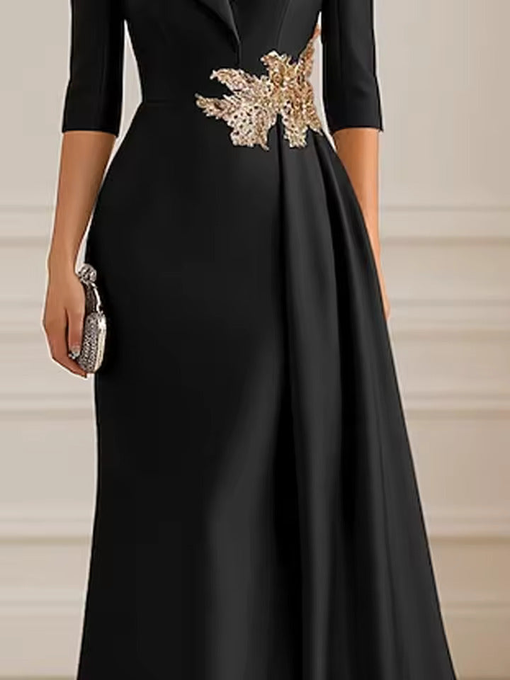 Plus Size A-Line Satin V-Neck 3/4 Sleeve Mother of the Bride Dresses Floor-Length Ball Gown with Applique