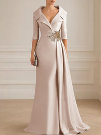 A-Line Satin V-Neck 3/4 Sleeve Mother of the Bride Dresses Floor-Length Ball Gown with Applique