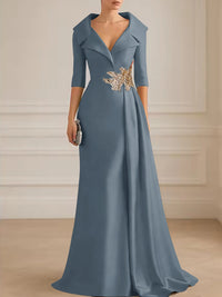A-Line Satin V-Neck 3/4 Sleeve Mother of the Bride Dresses Floor-Length Ball Gown with Applique