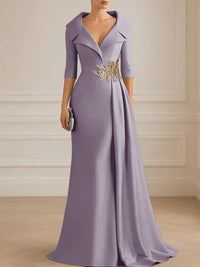 A-Line Satin V-Neck 3/4 Sleeve Mother of the Bride Dresses Floor-Length Ball Gown with Applique
